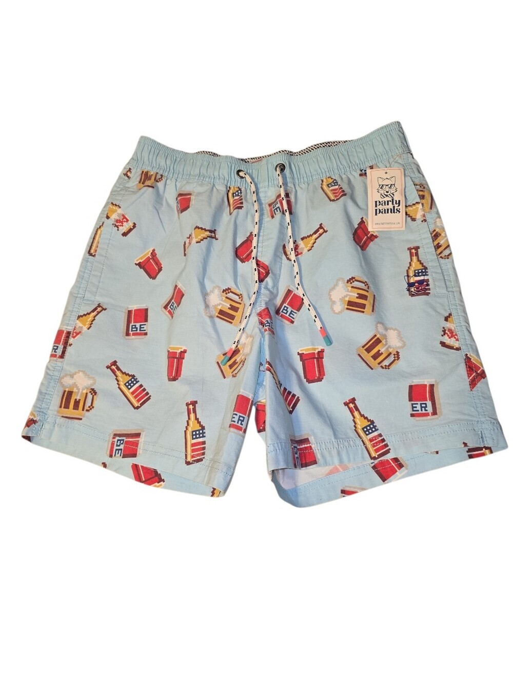NWT Party Pants Beer Me Shorts Small Light Blue Pockets Swim Trunks Quick Dry